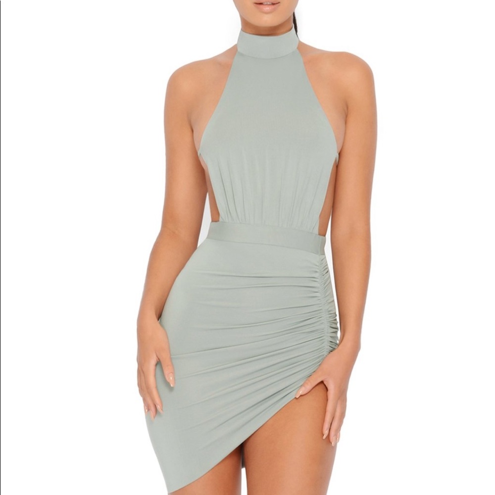 OH POLLY HALTER NECK MINI DRESS IN LIGHT KHAKI